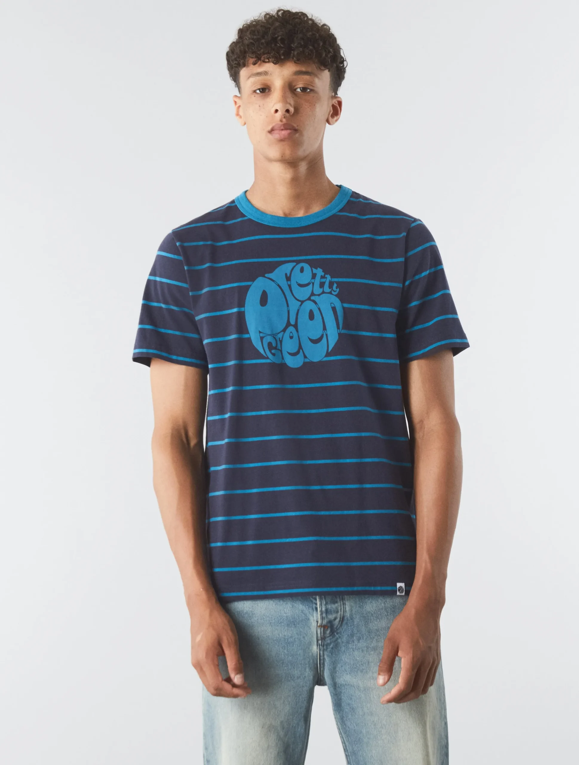 Pretty Green Capella Stripe Logo T-shirt Navy Discount