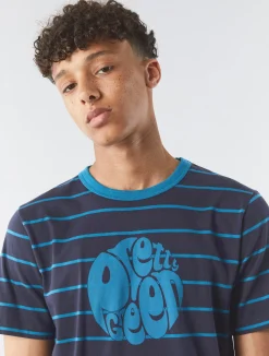 Pretty Green Capella Stripe Logo T-shirt Navy Discount
