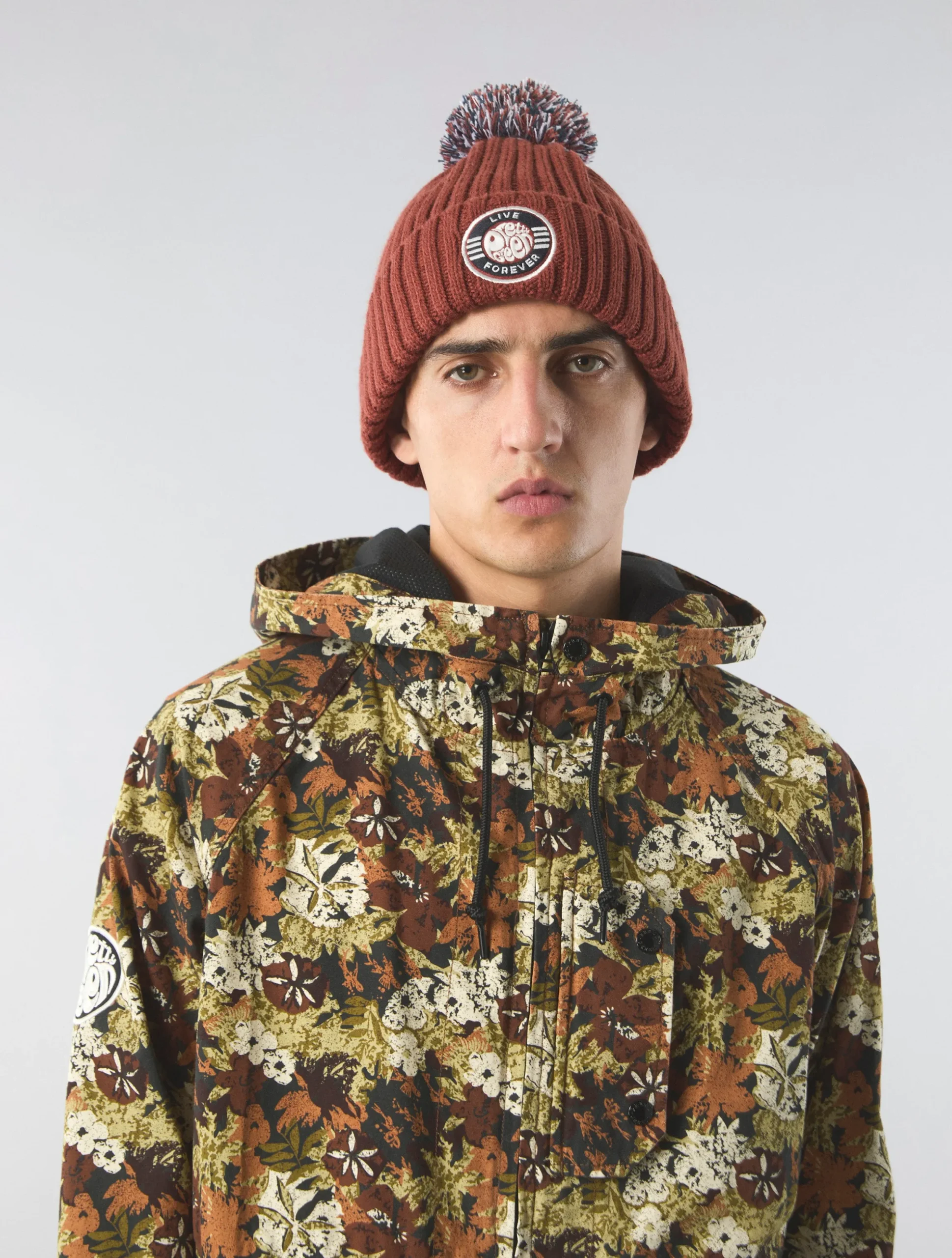 Pretty Green Live Forever Bobble Hat Red New